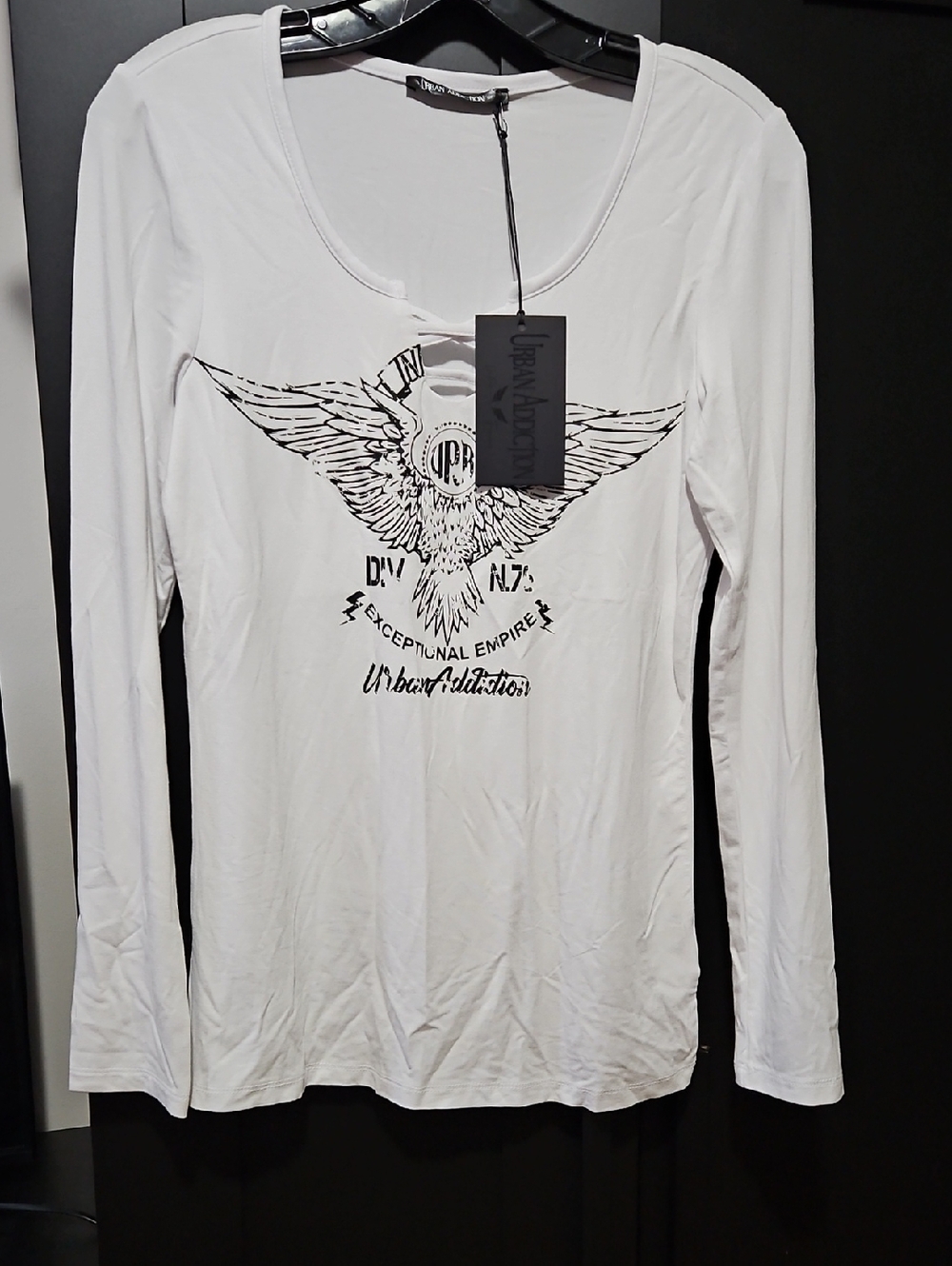 Addiction White Long Sleeve Tee with Black Eagle Graphic